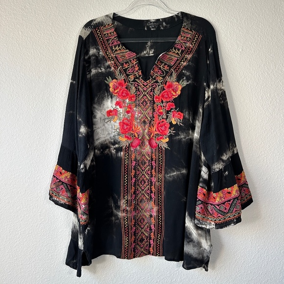 Calessa plus size 2X tunic top boho embroidered black 3/4 sleeve tv-neck - Picture 1 of 13